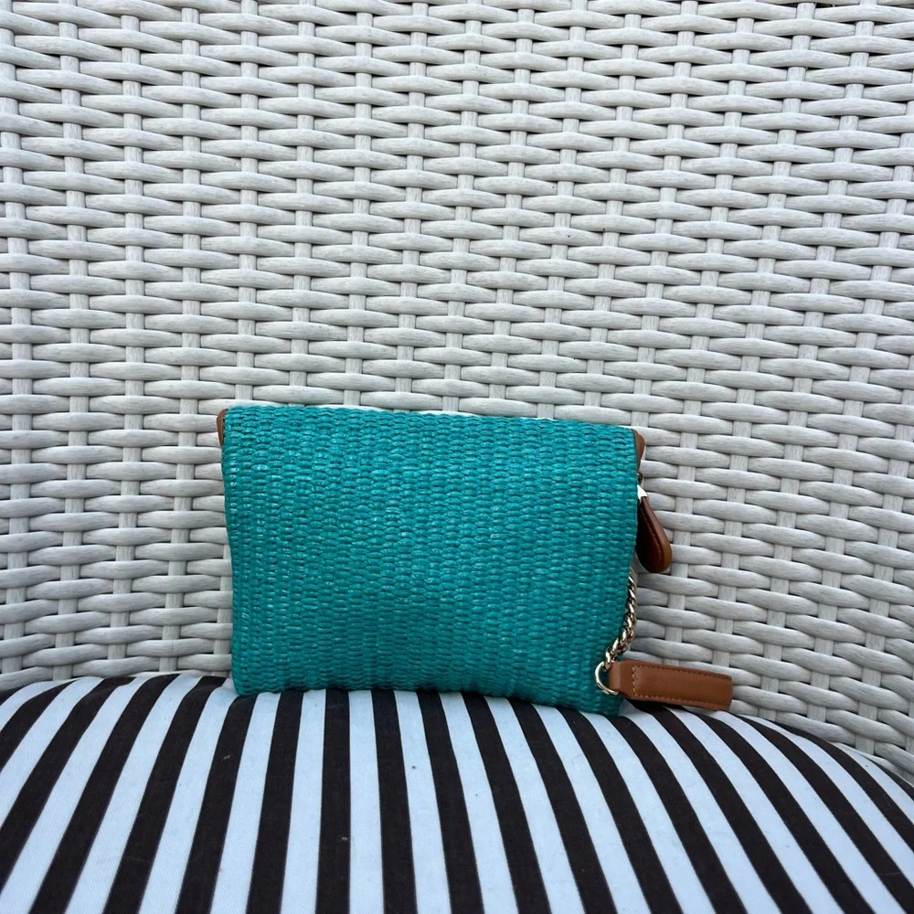 Henri Bendel Debutante Asymmetrical Folding Turquoise Raffia Wristlet/Clutch - Picture 5 of 12